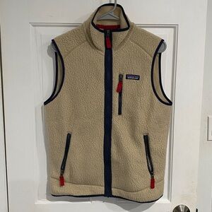 Patagonia Cream Fleece Vest with Blue and Red Details